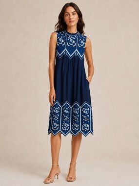 Sea New York Embroidered Navy Sleeveless Midi Dress